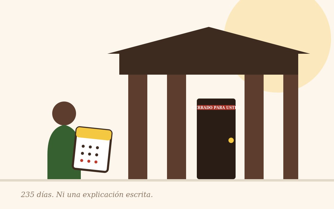 Ilustración: una ciudadana espera con dignidad frente a la puerta cerrada del banco, calendario en mano