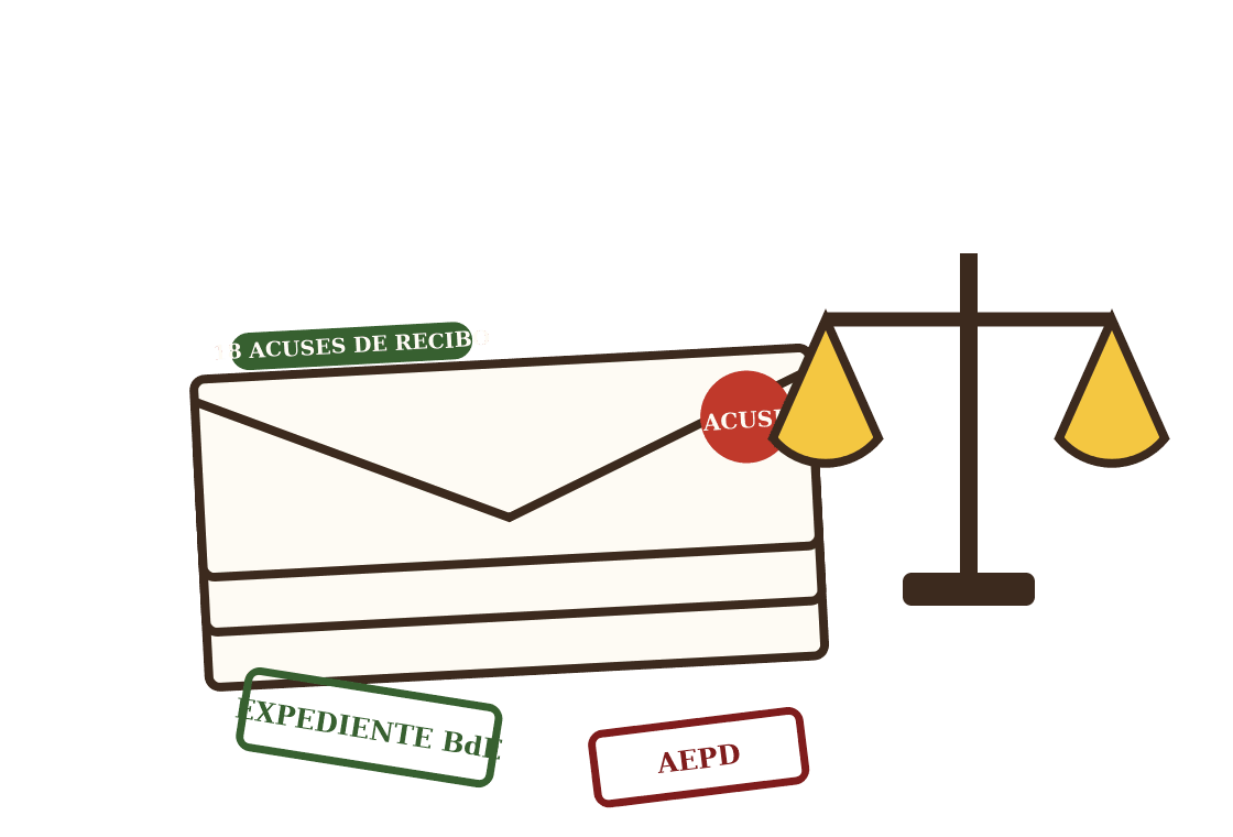 Ilustración: el expediente documentado — cartas con acuse de recibo, sellos oficiales y balanza