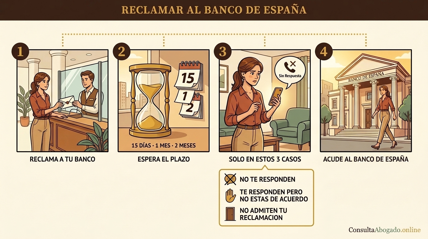 Los cuatro pasos para reclamar al Banco de Espana: reclama a tu banco, espera el plazo, comprueba si estas en uno de los tres casos que te habilitan y acude al Banco de Espana