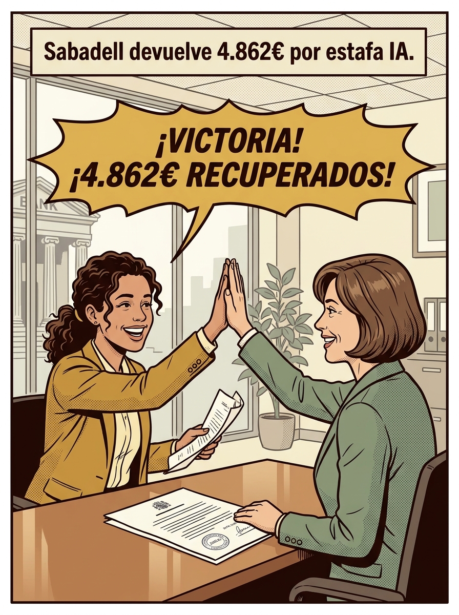 Infografía del caso: Sabadell condenado: voz de IA imito al banco y robaron 4.861