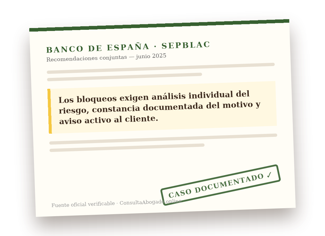 Documento del criterio: BdE y SEPBLAC imponen proporcionalidad y aviso activo en los bloqueos